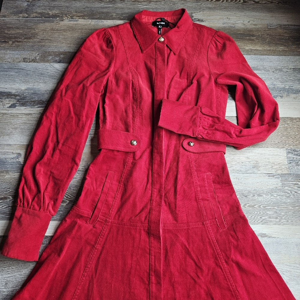 ME+EM Red Fluid Cord Gold Button Midi Shirt Dress Size 2 - Picture 3 of 14